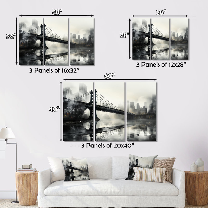 Impression sur toile 3 pièces Grey Bridge Urban, H 32 po x l 48 po x P 1 po