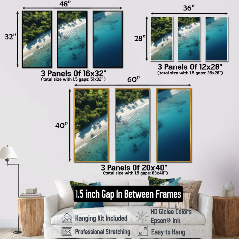 Plage relaxante vue aérienne V - Art mural plage, H 28 po x l 36 po x P 1 po, Cadre flottant noir