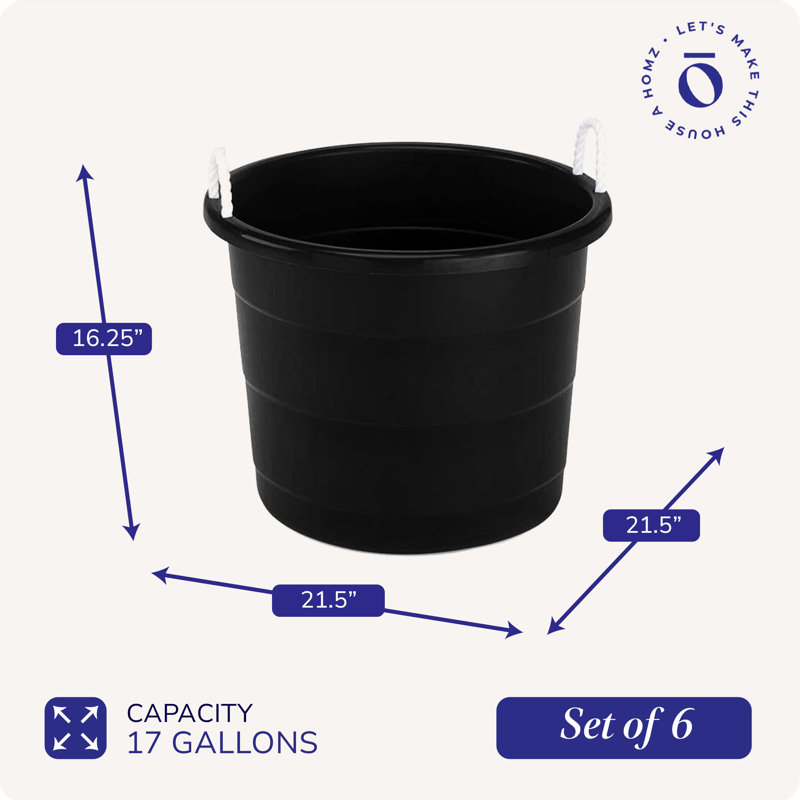 Homz 17 Gal Plastic Open Storage Round Utility Tub with Handles, Black (3 Pack)