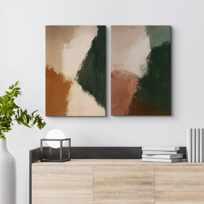 Earth Tone Abstract Color Shapes Duo Contemporary Modern Design – Pictures Framed Canvas Print 2 Pieces Wall Art