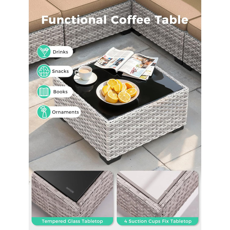 Ensemble de canapé modulaire en osier 5 places avec table basse, 5 places, beige, Beige