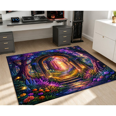 Tapis « Chemin de la Forêt Magique », Scène de Bois Enchanté, Imprimé Nature Fantastique et Vibrant, Tapis Antidérapant, Décoration Intérieure Artistique pour Salon, Chambre, Couloir, Salle de Jeux