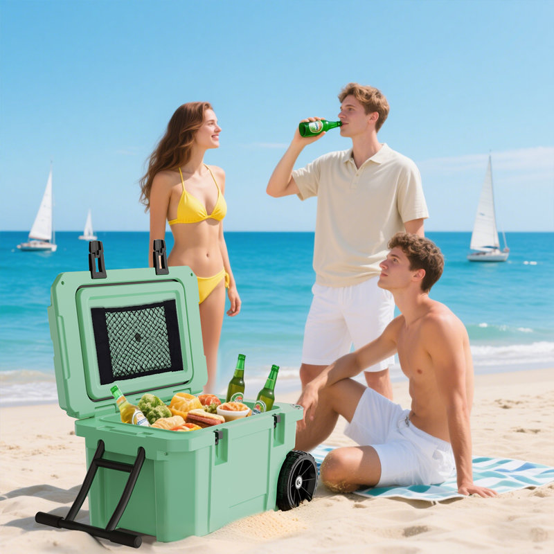 55 Quart Cooler With Wheels, Ice Chests Portable Camping Cooler Holds Ice Up To 6 Days, Leak-proof Outdoor Insulated Cooler With Handle, Cup Holders, Hard Cooler For Camping, Beach, Boat