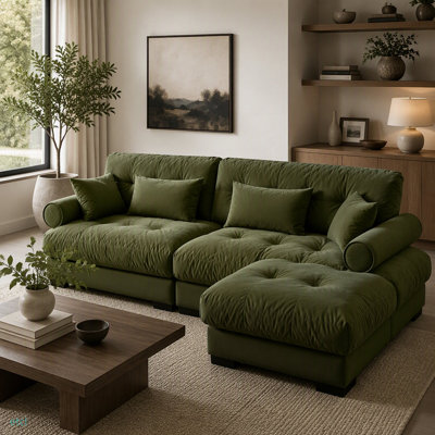 Canapé deux places surdimensionné moderne avec repose-pieds, accoudoirs en velours 2 places avec traversin rond, avec coussin de taille et coussins décoratifs, petit canapé en forme de L pour le salon, la salle de lecture