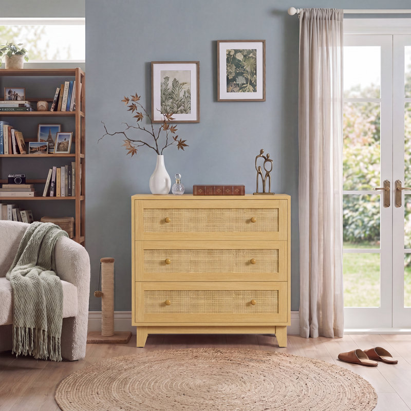 Commode 3 tiroirs, commode, poignées en bois Boho, Naturel