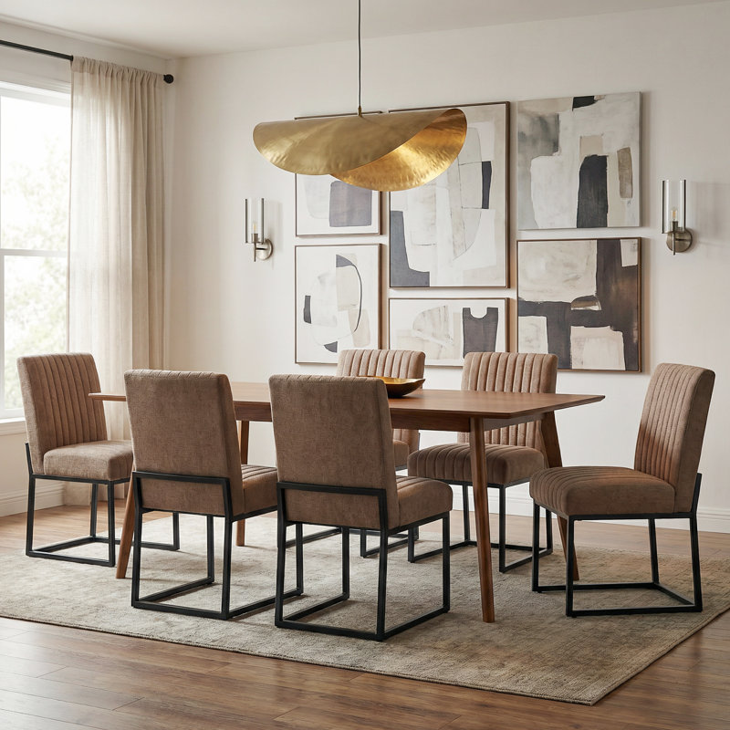 19.9'' H Striped Polyester Fabric Upholstered Side Chair (Set of 6), 6, Brown Quilted Polyester