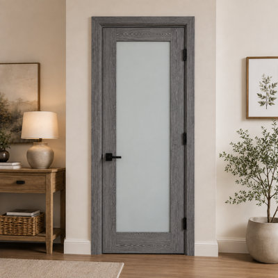Porte intérieure pré-suspendue en bois de verre givré avec cadre et charnières 1-Chêne gris