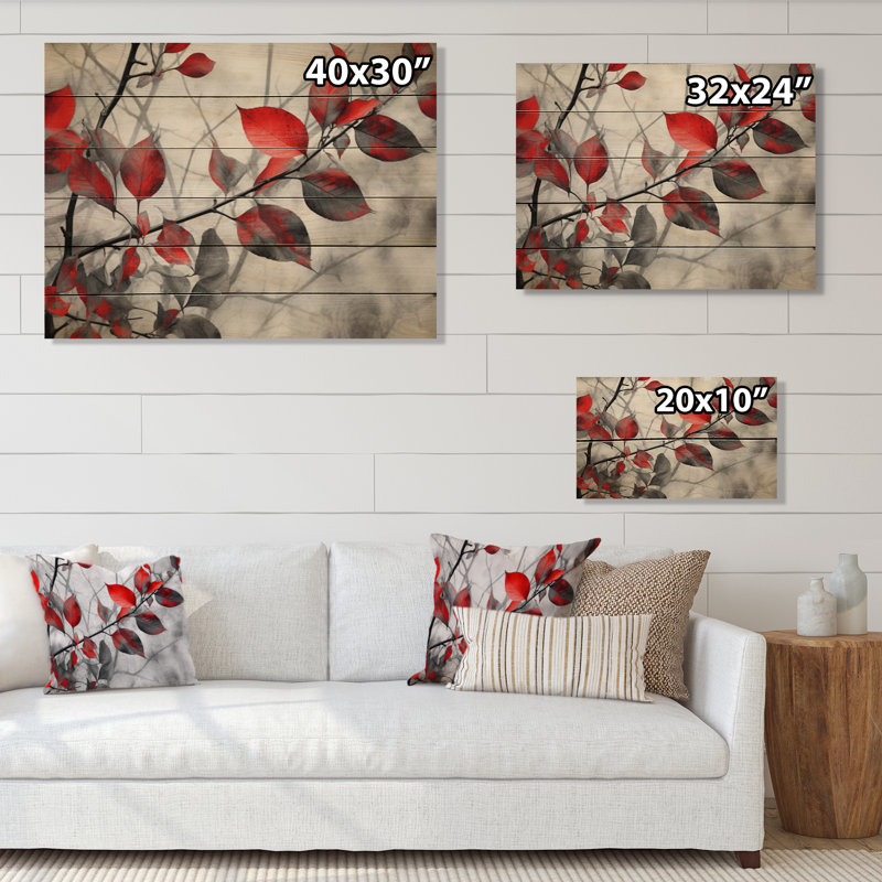 Feuilles rouges et grises sur un arbre IV sur bois, H 10 po x l 20 po x P 0,78 po