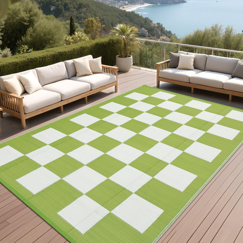 Large Waterproof Outdoor Rug, Reversible Plastic Straw Patio Mat - Modern Geometric Plaid Carpet, UV Resistant, Collapsible for Camping, Picnic, Deck, Backyard - Green White, 8x10ft