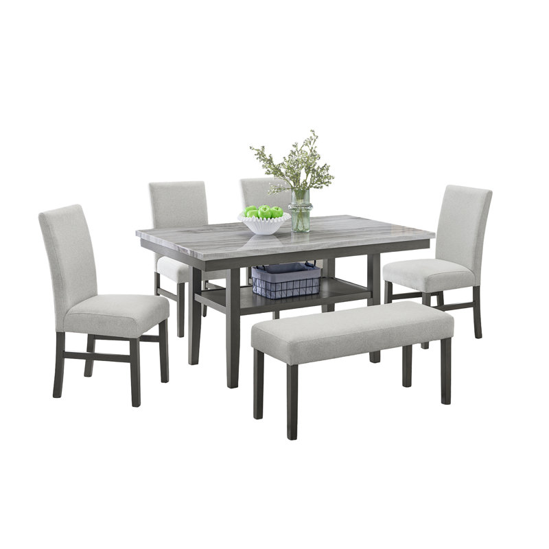 Ensemble de salle à manger 6 pièces 60 "rectangulaire gris imitation marbre 6 pièces avec 4 chaises et banc