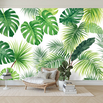 Papier peint adhésif autocollant Feuilles tropicales Monstera strelitzia palmiers Aquarelle transparente Papier autocollant amovible pour décoration murale de salon H 100 po x l 144 po