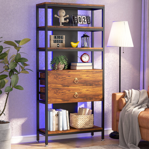 Littletree Industrial Bookshelf LED Light, 5-Tier Tall Display Case 2  Drawers, Free Standing Open Storage Shelf & Reviews