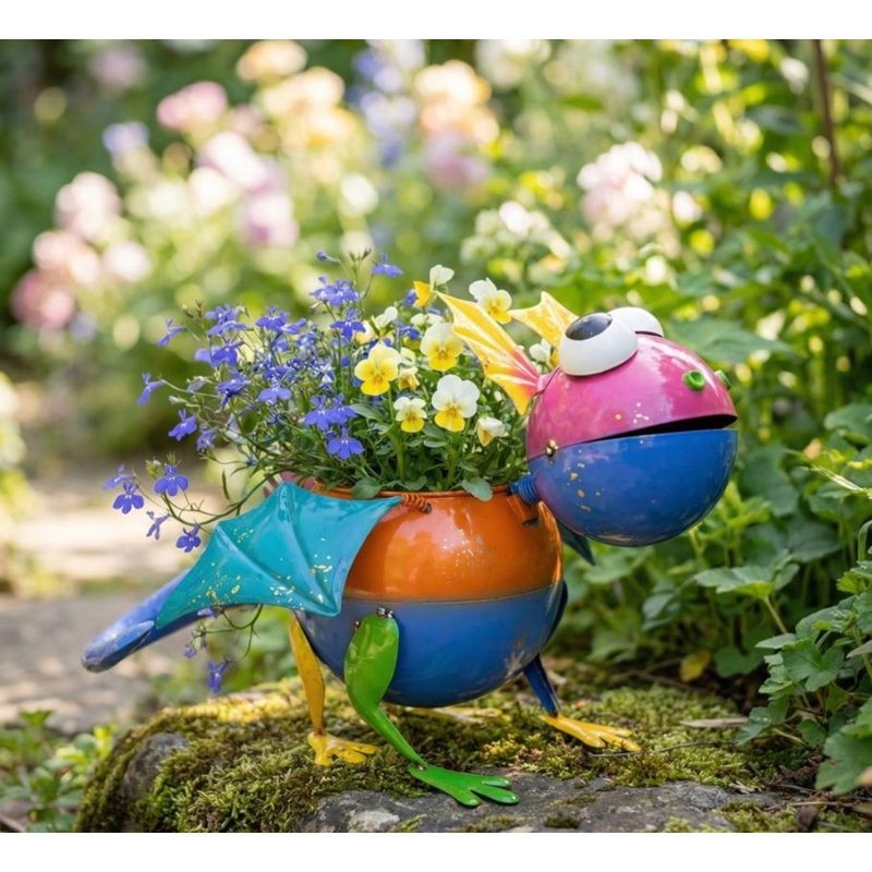 Guille Metal Flying Dragon Lizard Statue Planter, Blue/Orange/Multicolor