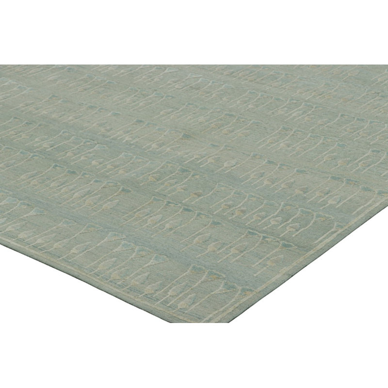 Rug & Kilim’S Block Print Custom Rug Design With Blue And Green Floral Patterns, Rectangle 10' x 14'