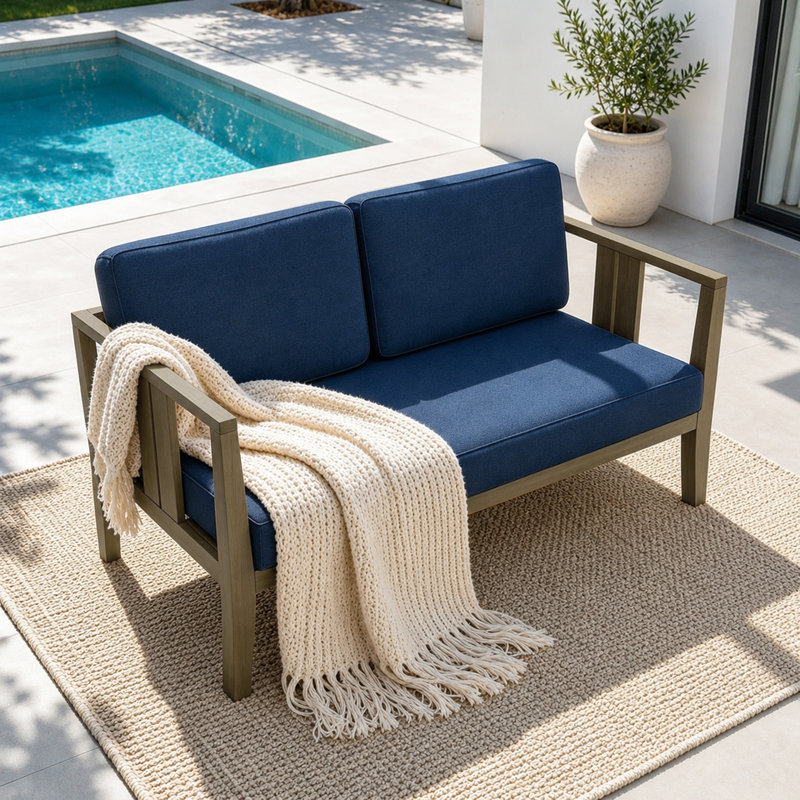 Causeuse d'extérieur en bois de teck avec coussin et accoudoirs Junco, Marine, Brun