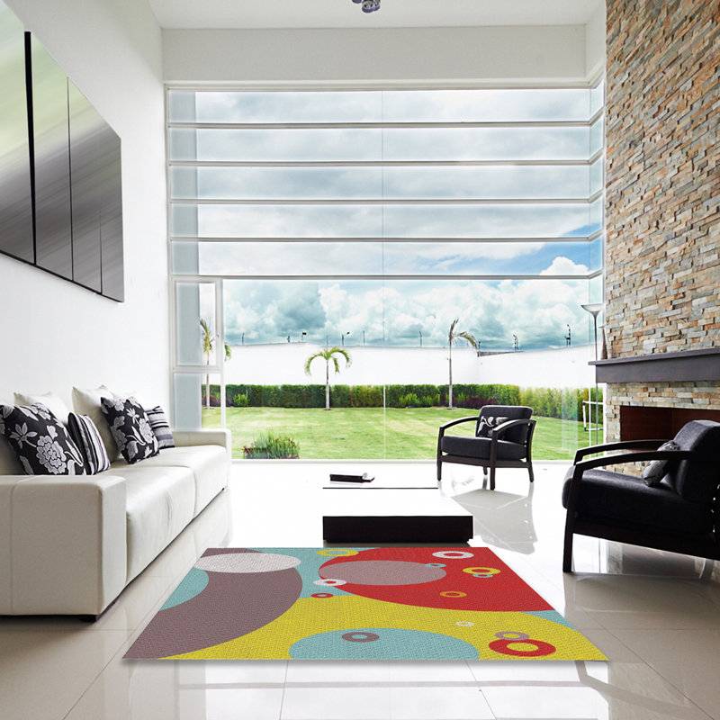 Tapis rouge/jaune/gris à motifs Hotz, Carré 8 pi