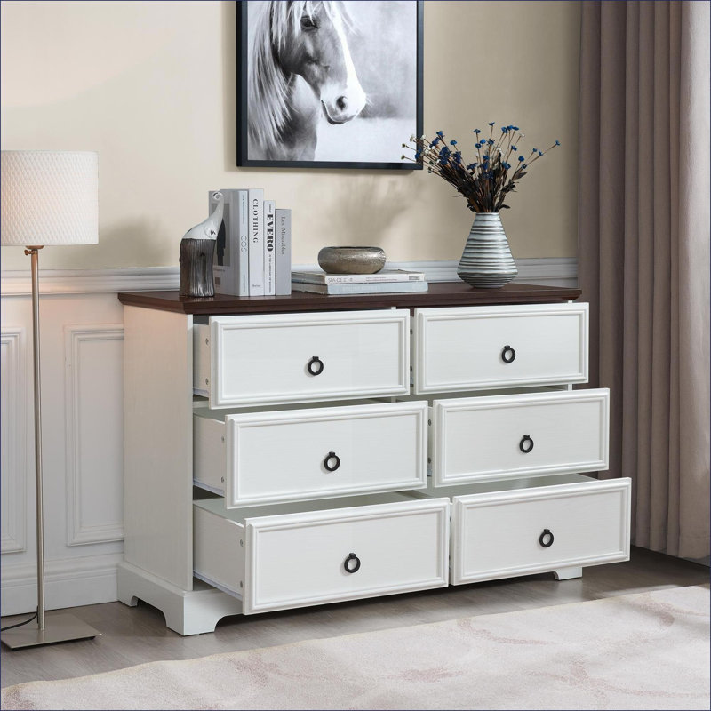 Dresser, 6-Drawer Modern Farmhouse Wooden Chest, Spacious Storage for Hallway Entryway | MDF | Off-White, White