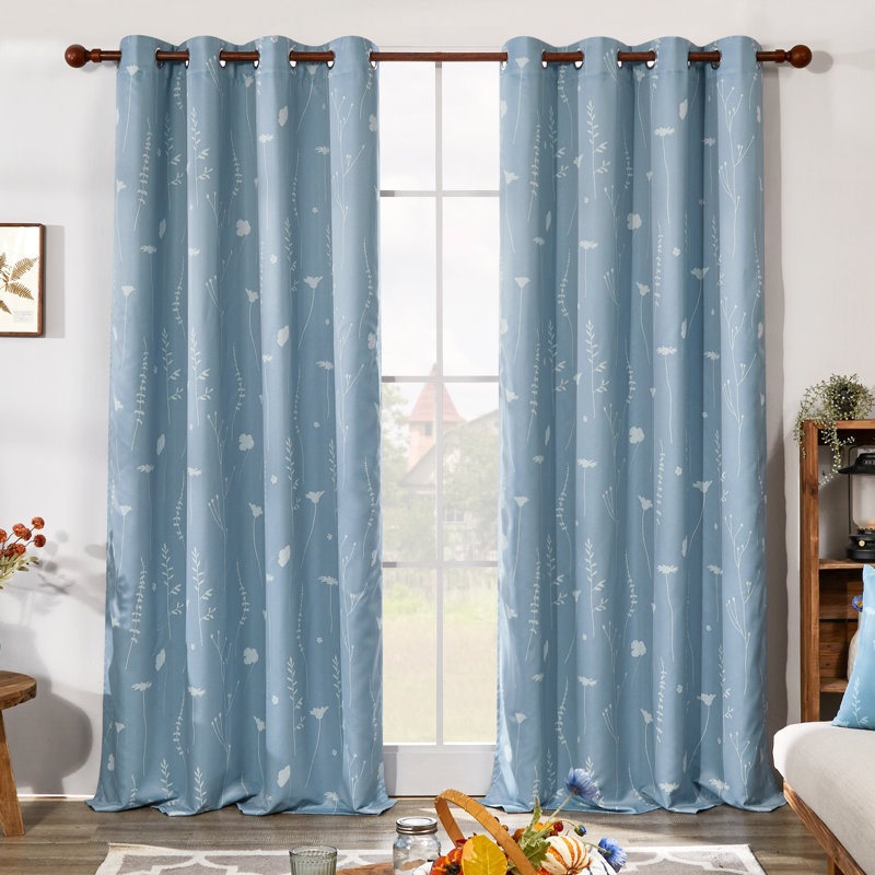 100% Blackout Curtains, Double Layer Window Drapes with Flower Pattern (Set of 2), Blue, 52" W x 84" L