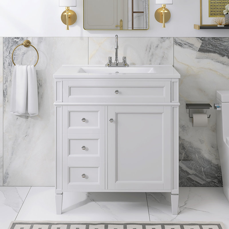 Meuble-lavabo simple autoportant de 30 po avec plateau en céramique, Blanc, Argent argent