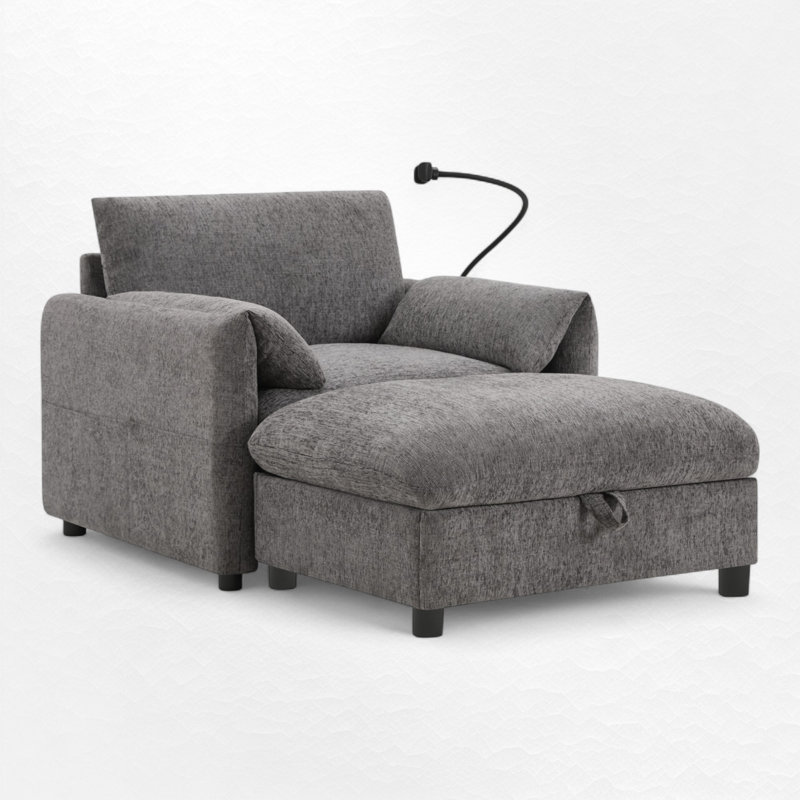 Fauteuil d'appoint rembourré avec repose-pieds avec rangement, Gris