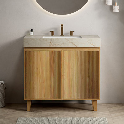 Meuble-lavabo et lavabo sur pied 36 po, plateau en pierre frittée crème, grain de bois naturel