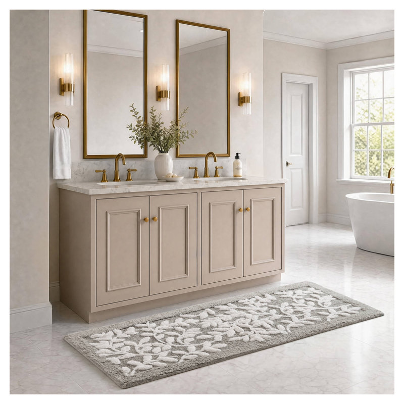 Tapis de bain en coton gris touffeté à motif floral, 61 cm x 152 cm
