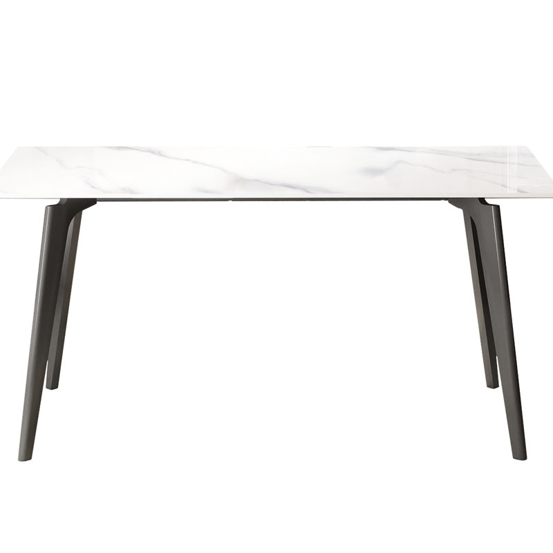Table de salle à manger rectangulaire de 62,04 po de style moderne, en pierre frittée, pieds en métal gris foncé, pouvant accueillir 6 à 8 personnes, apparence blanche, chaleur et feu, facile à entretenir avec panneau, matériau du siège de la boîte