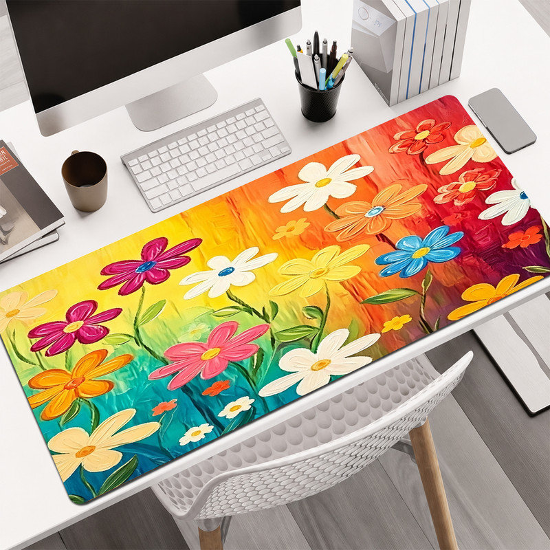 Tapis de souris en caoutchouc, surface lisse en microfibre, base antidérapante, bords arrondis, idéal pour le bureau et les jeux, 40 x 90 cm, motif floral arc-en-ciel.