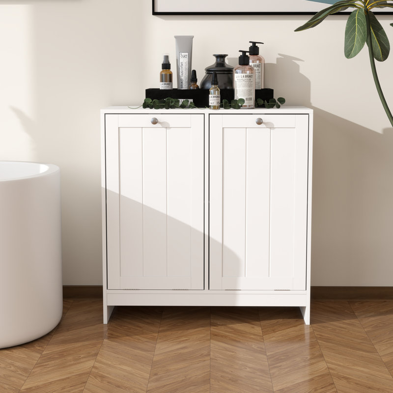 Armoire à linge double, panier à linge en bois pour salle de bain inclinable, Blanc