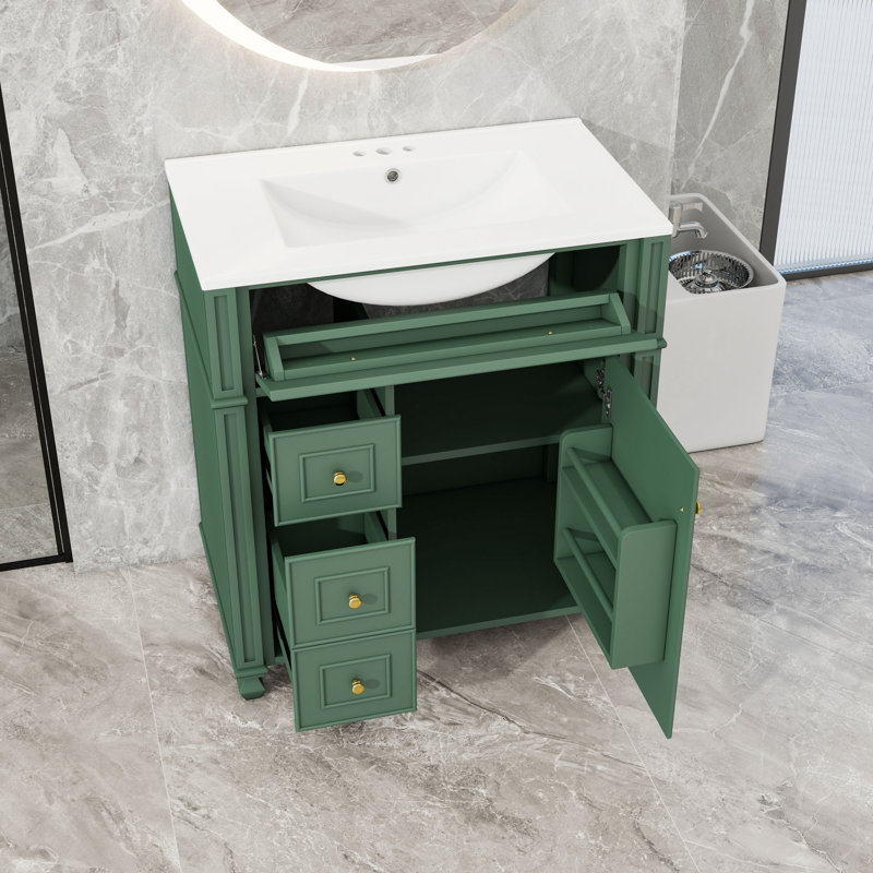 Meuble-lavabo de salle de bain avec lavabo en céramique, tiroirs de rangement et tablette réglable, 30"