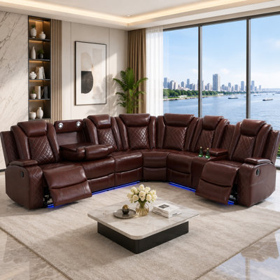 Canapé d'angle 3 pièces en similicuir haut de gamme, inclinable électriquement, avec double chargeur sans fil, lampes de lecture DEL, console de rangement, porte-gobelets, ports USB et éclairage DEL bleu.