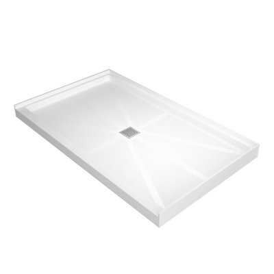 Bac de douche 60 po L 60 po x l 36 po x H 4 po rectangulaire en blanc avec couvercle de drain en acier inoxydable inclus