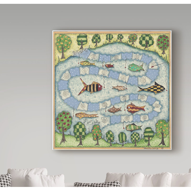 Colorful Fish Over Lake Pattern Modern Wood Framed Canvas Art