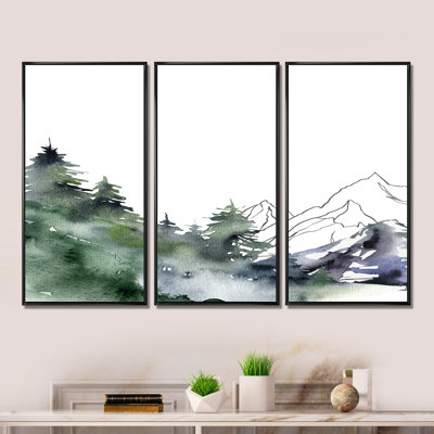 «Winter Dark Blue Mountain Landscape with Trees III», peinture sur toile flottante 3 pièces