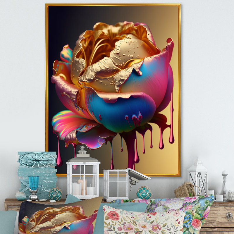 «Rainbow Peony», impression sur toile encadrée, H 40 po x l 30 po x P 1,5 po, Toile avec cadre flottant or