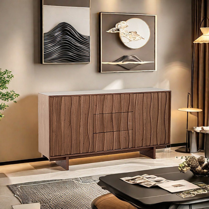 Buffet rétro avec 3 tiroirs, Brun, H 33 po x l 59 po x P 15,75 po