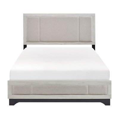 Two - Tone White Oak And Gray Modern Platform Queen Bed With Upholstered Headboard In Beige, Bedroom Upgrade Item, No Foundation Needed Contemporary Finish, Fabric , Decor, Box Spring Required