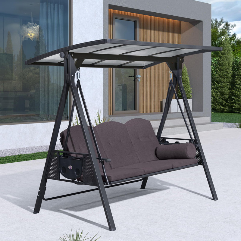 3-seat Large Porch Swing with Stand with Adjustable PVC Canopy and Cushions and Pillow Included, Black Frame/Gray Cushion