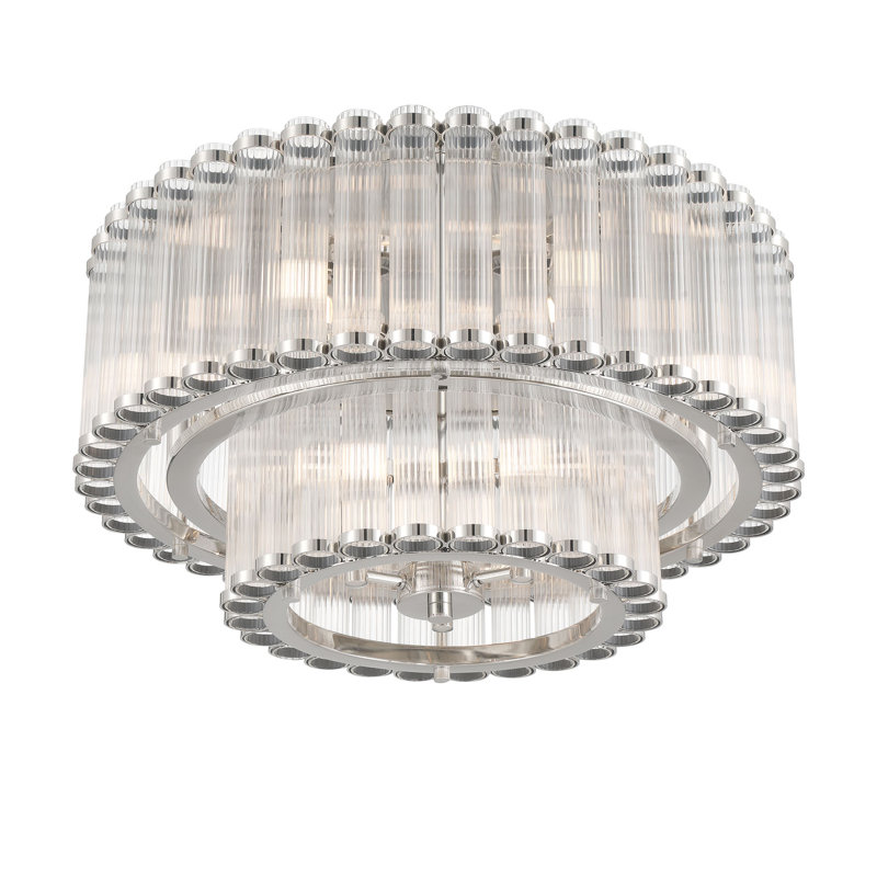 Plafonnier encastré, 9 lumières, 24 po, nickel poli, verre nervuré, Nickel poli