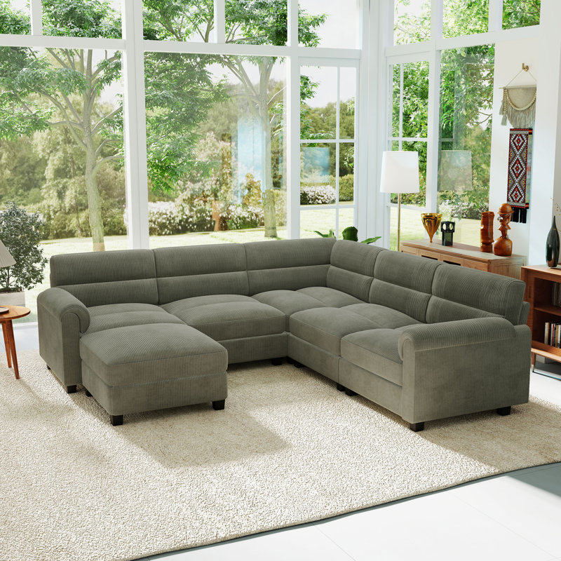 6-Piece Modular Sectional with Ottoman, Green Corduroy