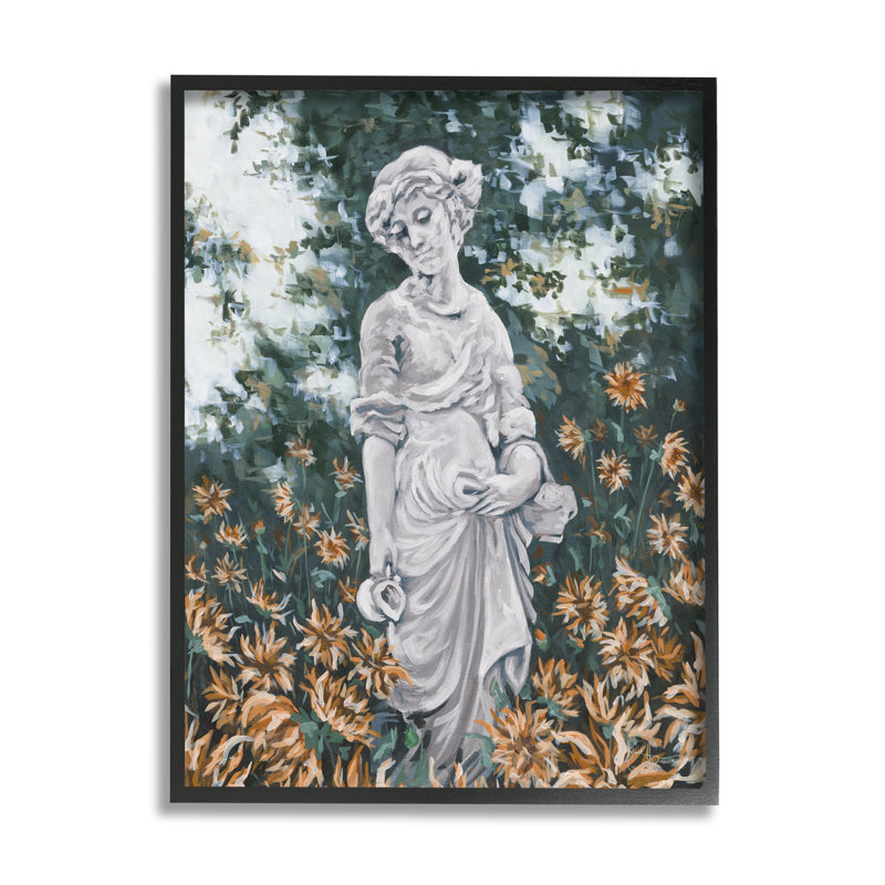 Statue de jardinière gracieuse entourée de fleurs, Giclée encadrée noir minuit, H 14 po x l 11 po x P 1,5 po