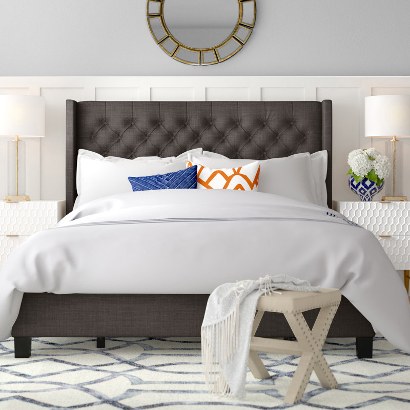 Kaster Upholstered Wingback Bed, King, Heathered Dark Grey Linen