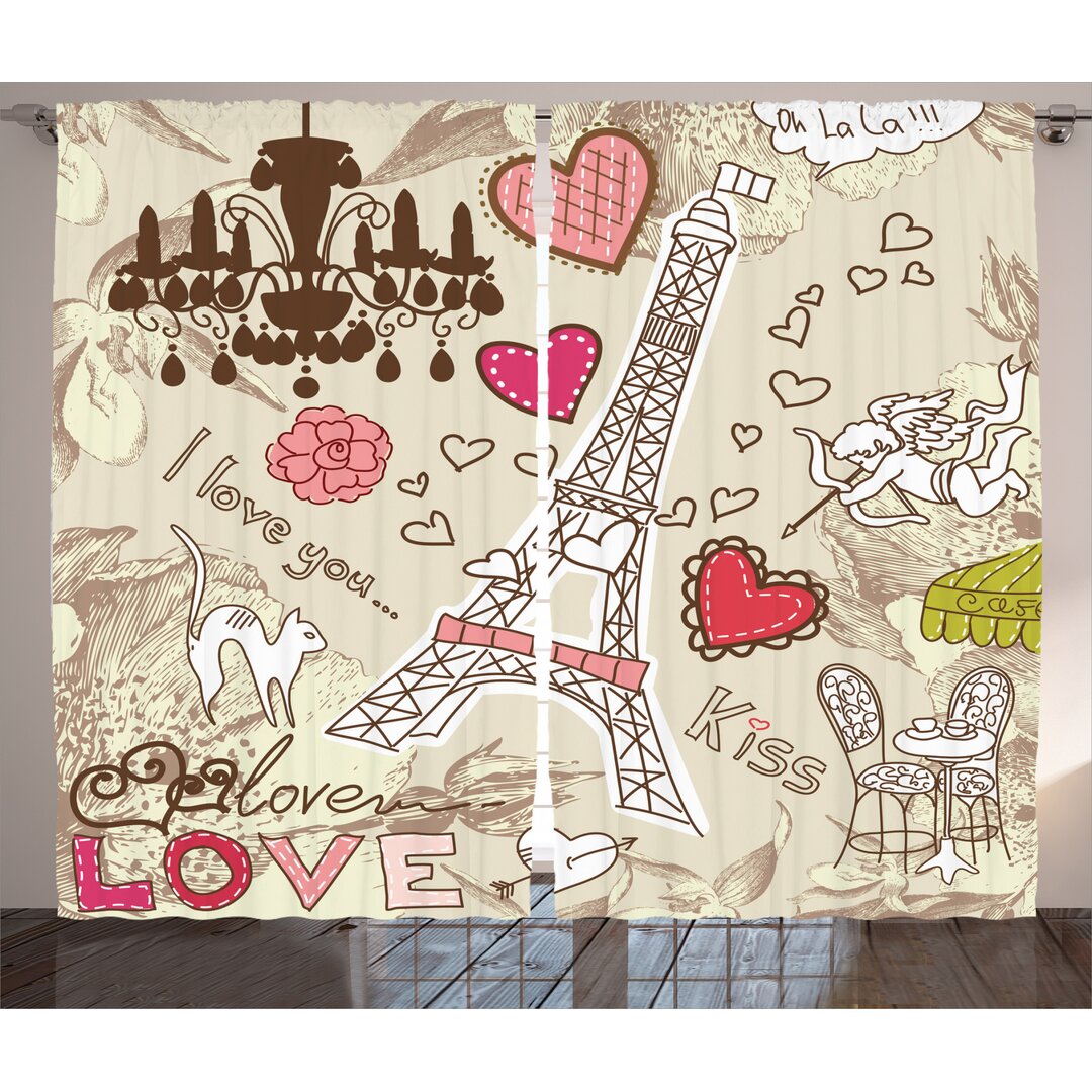 Rustikaler Vorhang, Doodle Eiffelturm Liebe, Frankreich, Beige Rosa