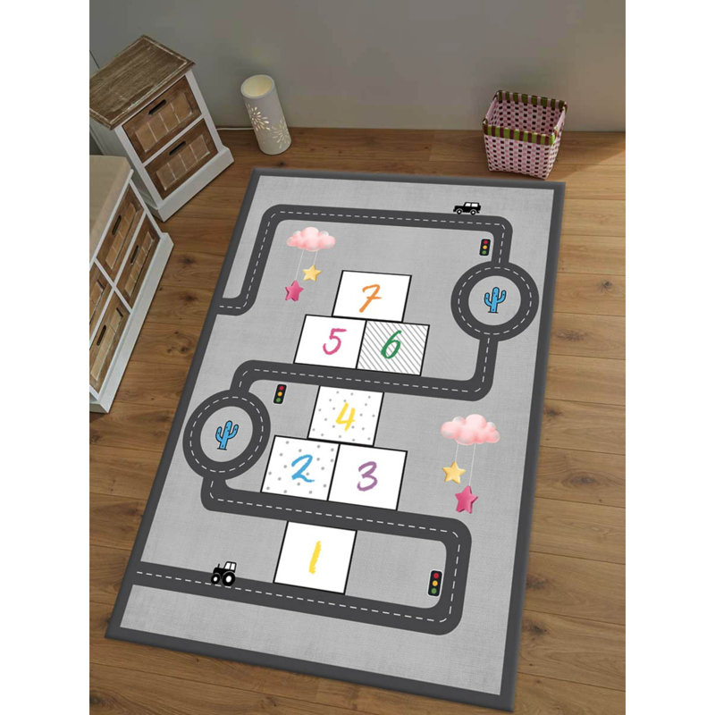 Tapis gris / blanc en polyester tissé à la machine Truett, Rectangle 4 pi 4 po x 6 pi 3 po