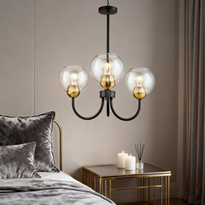 3-Light Modern Chandelier Pendant Light With Globe Glass Shade, 20 Inch Farmhouse Black And Gold Ceiling Fixture For Dining Room, Kitchen, Living Room, Entryway
