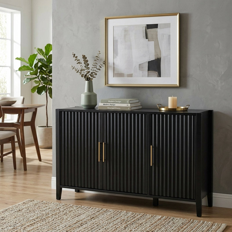 Carlisa 46.82'' W Sideboard With 3 Fluted Doors And Adjustable Shelves, Black