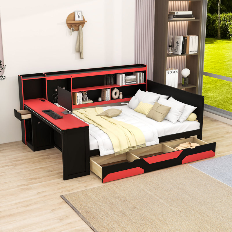 Lit de jour de jeu intégré avec bureau intégré, éclairage d'ambiance et tiroirs de rangement, Grand lit, Noir / Rouge