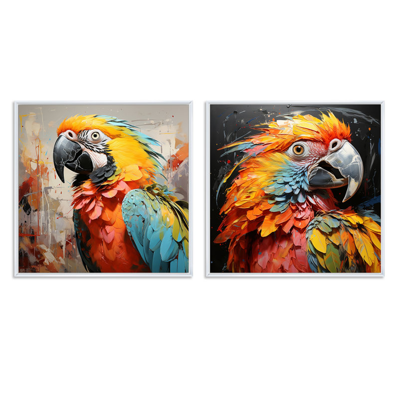 Perroquet jaune, tempête tropicale - ensemble de 2 animaux carrés, Cadre flottant blanc, H 30 po x l 61 po