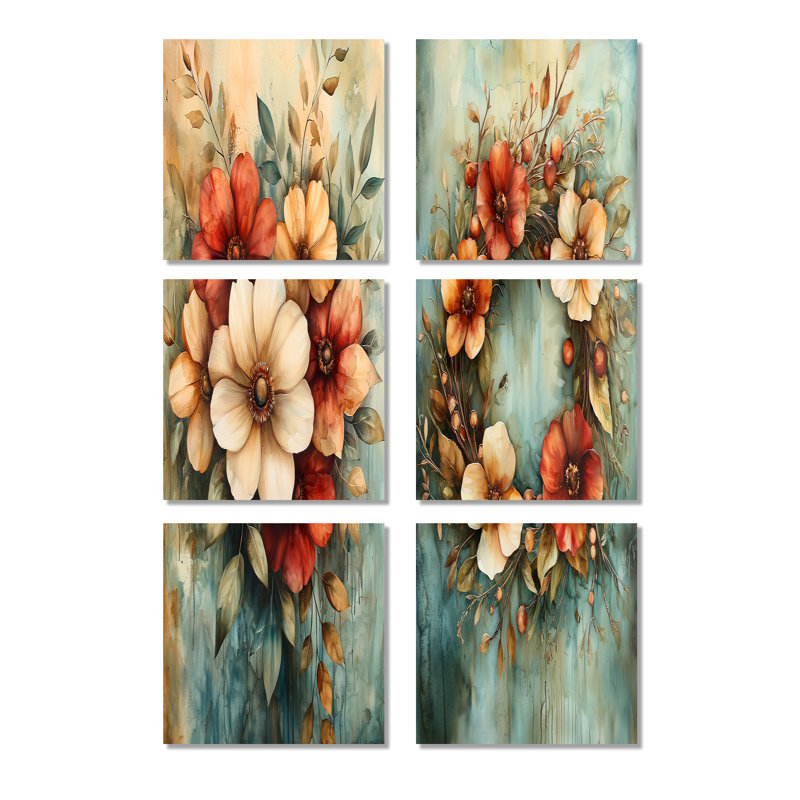 «Farmhouse Wreath» - Ensemble de 6 impressions florales sur toile, Toile tendue, Ne s’applique pas