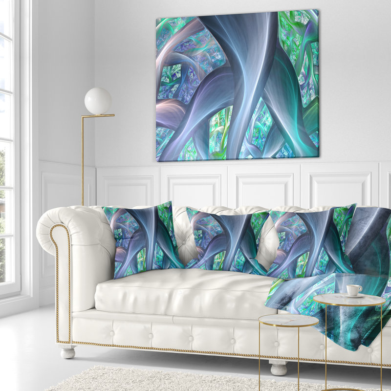 Coussin abstrait à tiges de plantes exotiques fractal, 18 po x 18 po, Bleu, Coussin décoratif